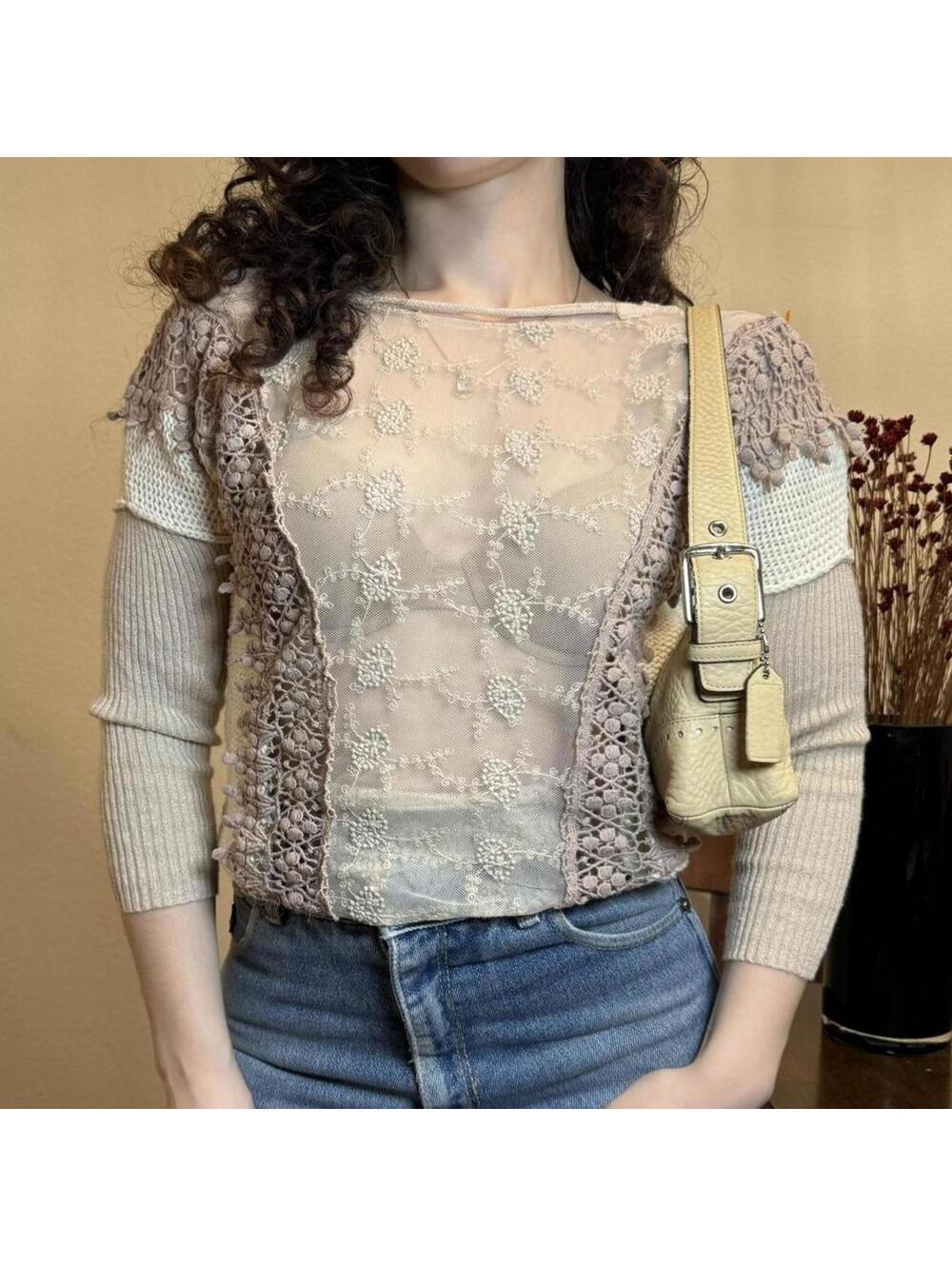 BKE Sheer Lace & Crochet Knit Sweater Womens Extra Small Beige Ramie Cotton